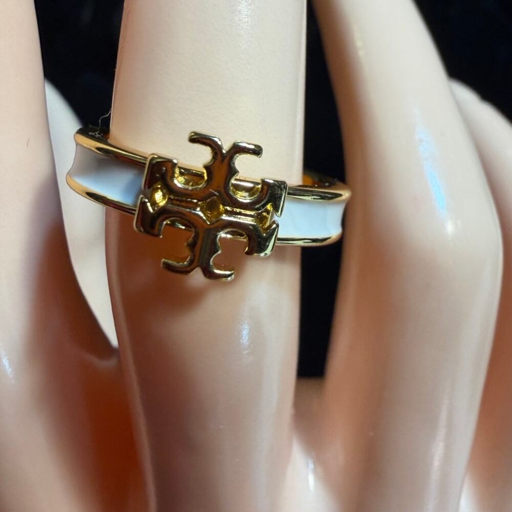 Tory Burch Icon Enamel Ring Gold & White Size 6.5 Double T Logo NWOT
